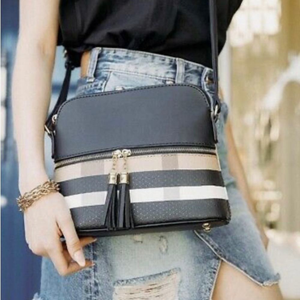 Lightweight Medium Dome Crossbody Bag Shoulder Bag with Tassels Plaid Vegan